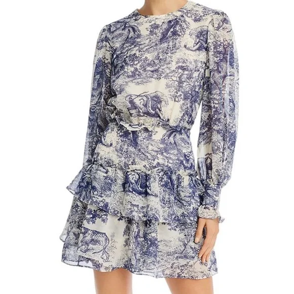 Bloomingdale’s Aqua Toile Print Ruffled Long Sleeve Dress - Picture 1 of 5